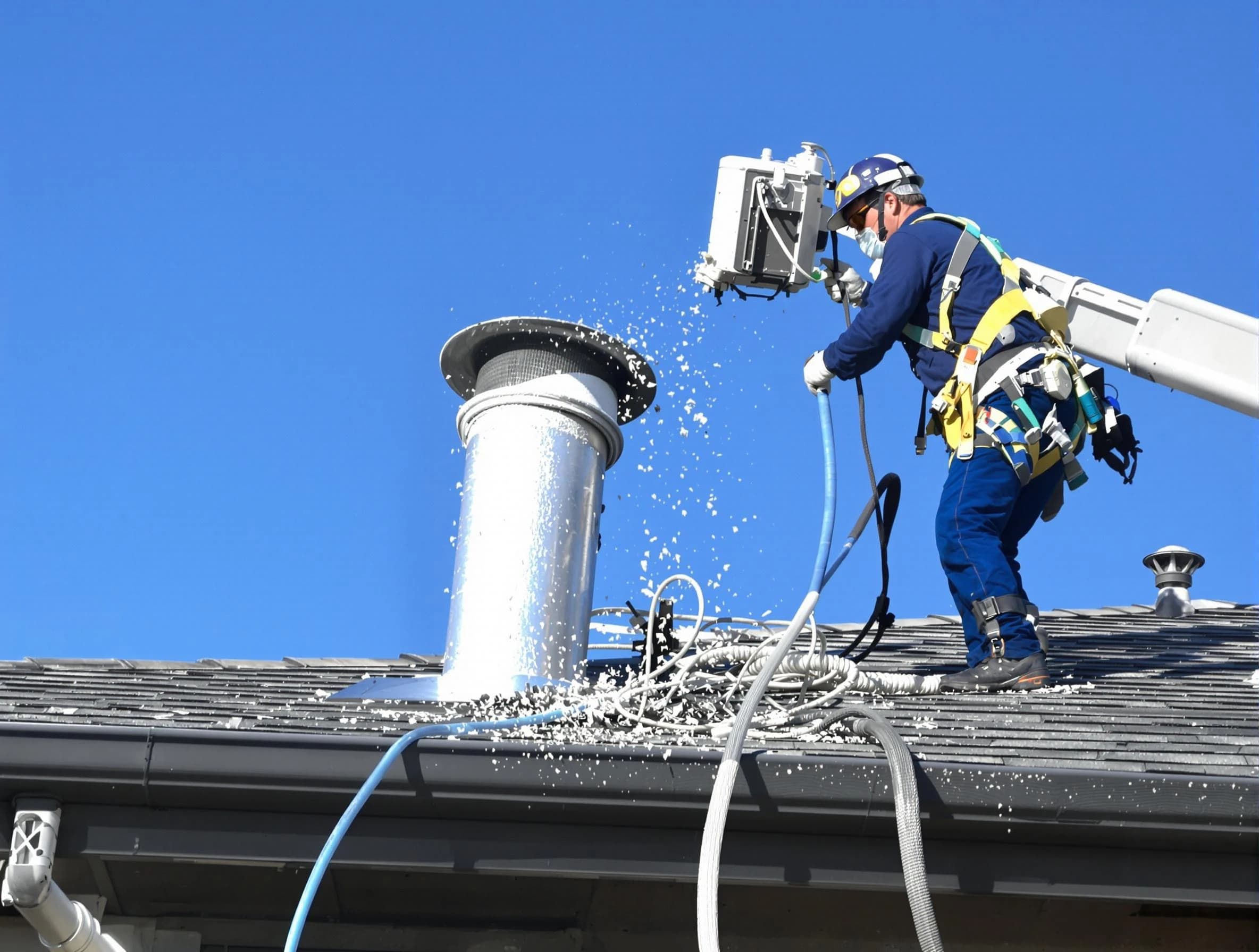 Danvers Dryer Vent Cleaning certified technician safely cleaning a roof-mounted dryer vent in Danvers